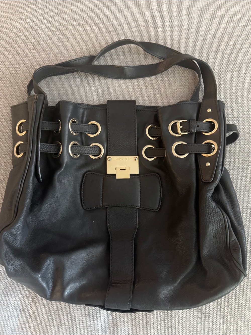 Jimmy Choo Black Leather Shoulder Bag with Gold Hardware Accents